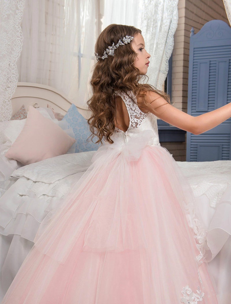 PLwedding Fancy Flower Girl Dress Kids Lace Applique Pageant Party Ball Gown Blush Pink Size 12 - Image 2